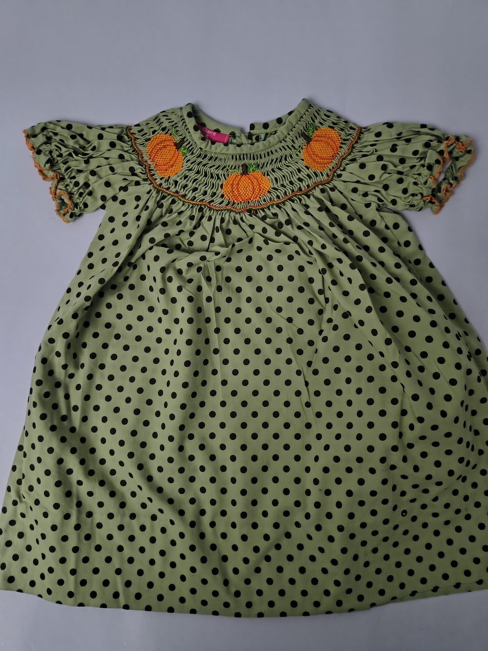 Girls Light Green Polka Dot Dress with Pumpkin Smocking